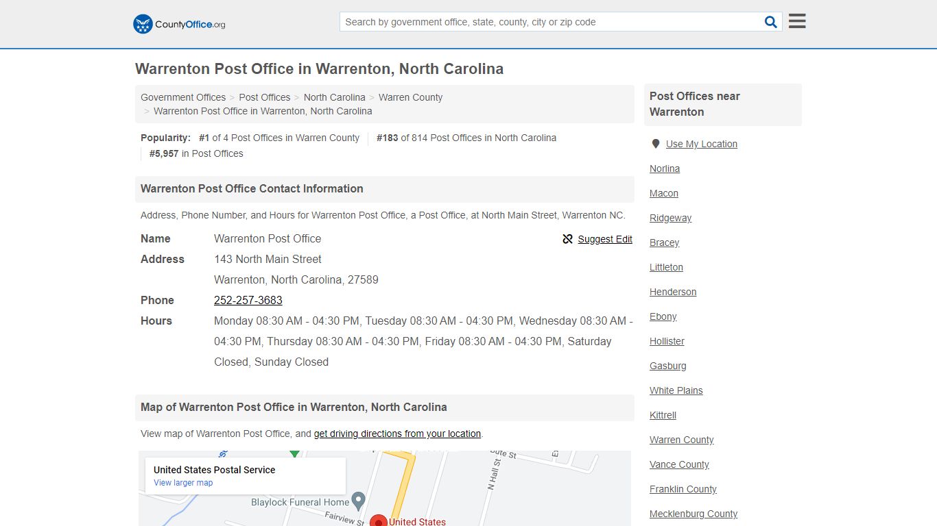 Warrenton Post Office - Warrenton, NC (Address, Phone, and Hours)