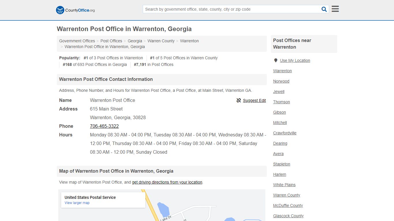 Warrenton Post Office - Warrenton, GA (Address, Phone, and Hours)