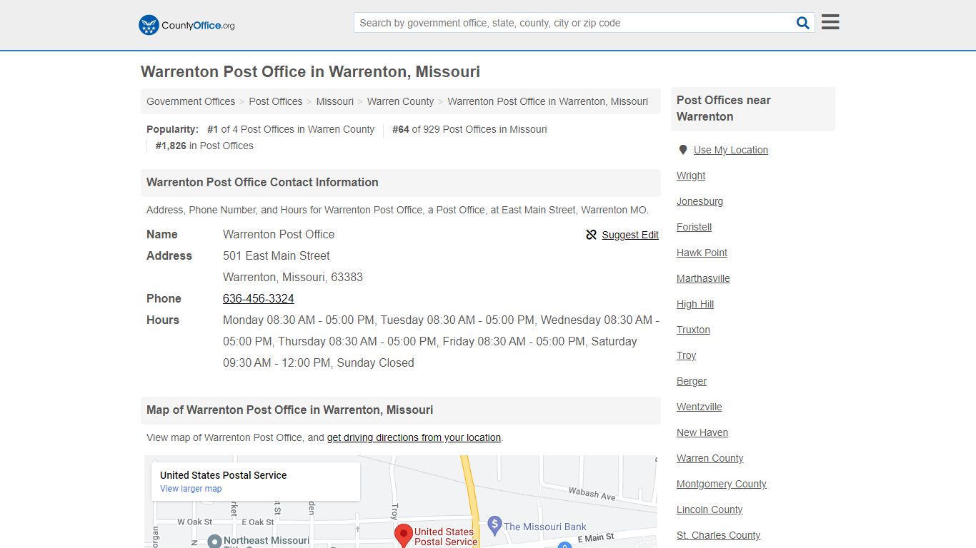 Warrenton Post Office - Warrenton, MO (Address, Phone, and Hours)